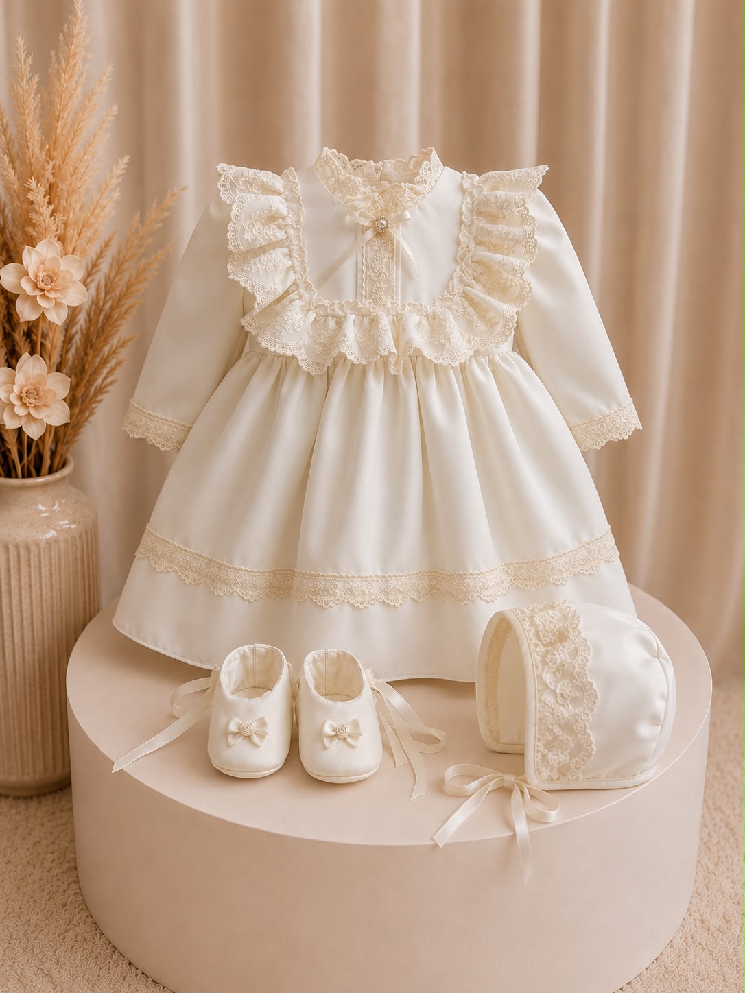 Set de ceremonie Ivory Lace – Rochiță, Bonetă și Botoșei