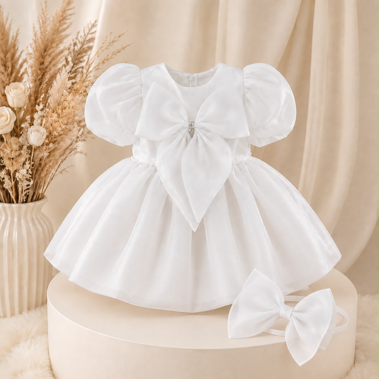 Rochiță White Pearl Bow cu bentiță – Maison Bébé